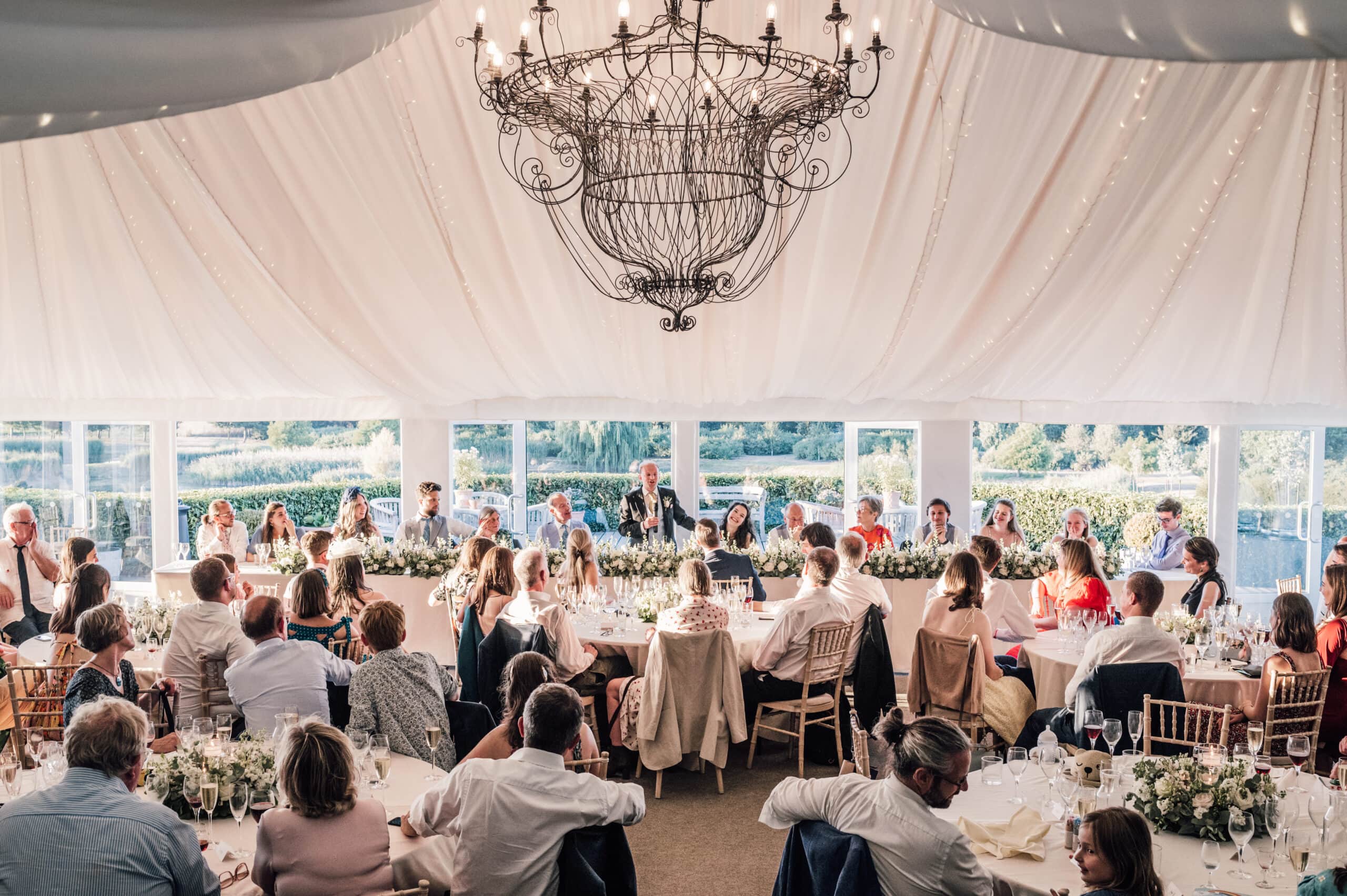 Wedding speeches in the marquee at The Old Hall Ely, Wedding Venue in Cambridgeshire
