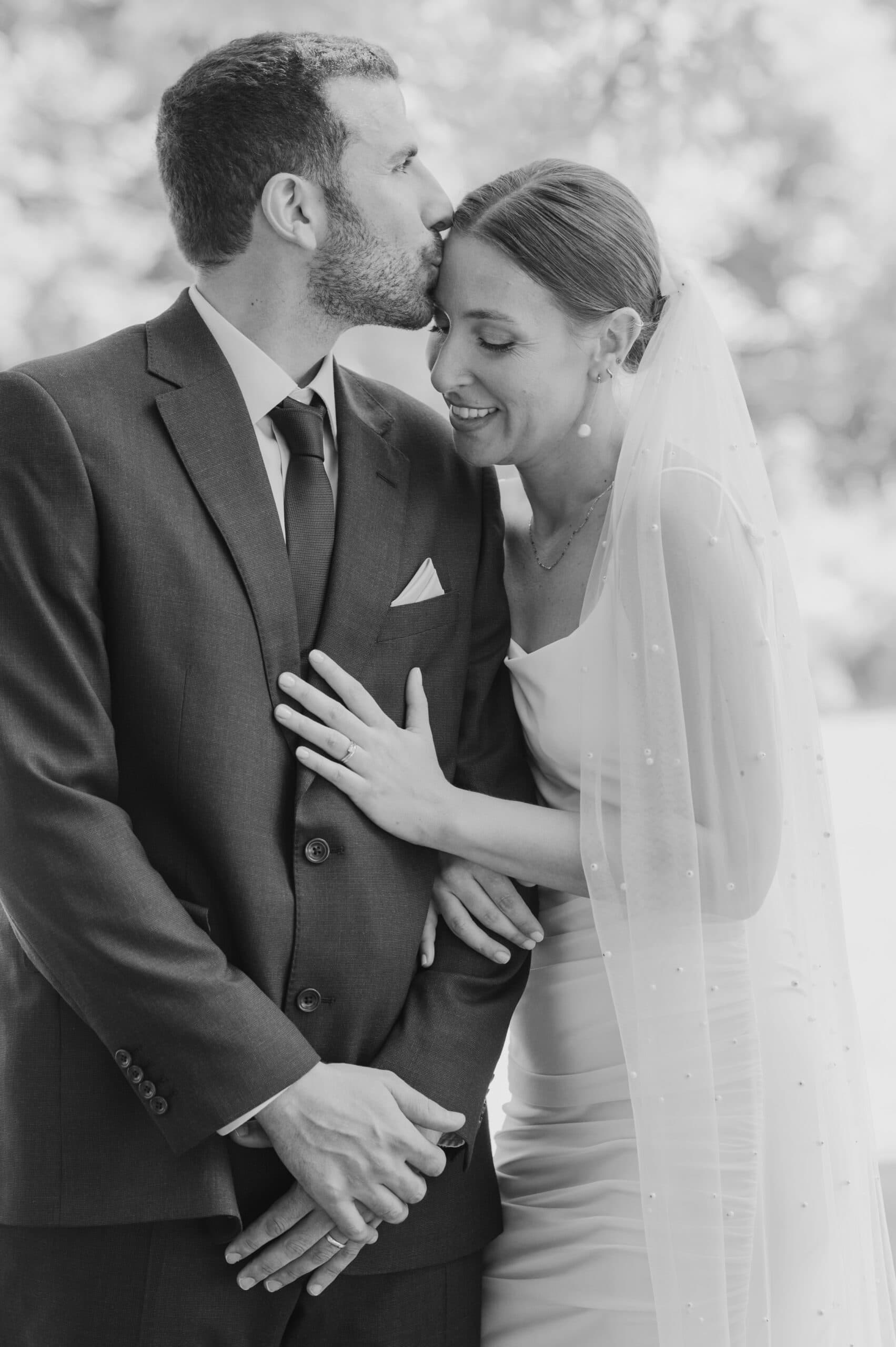 black and white bride and groom portrait at wedding in Cambridge