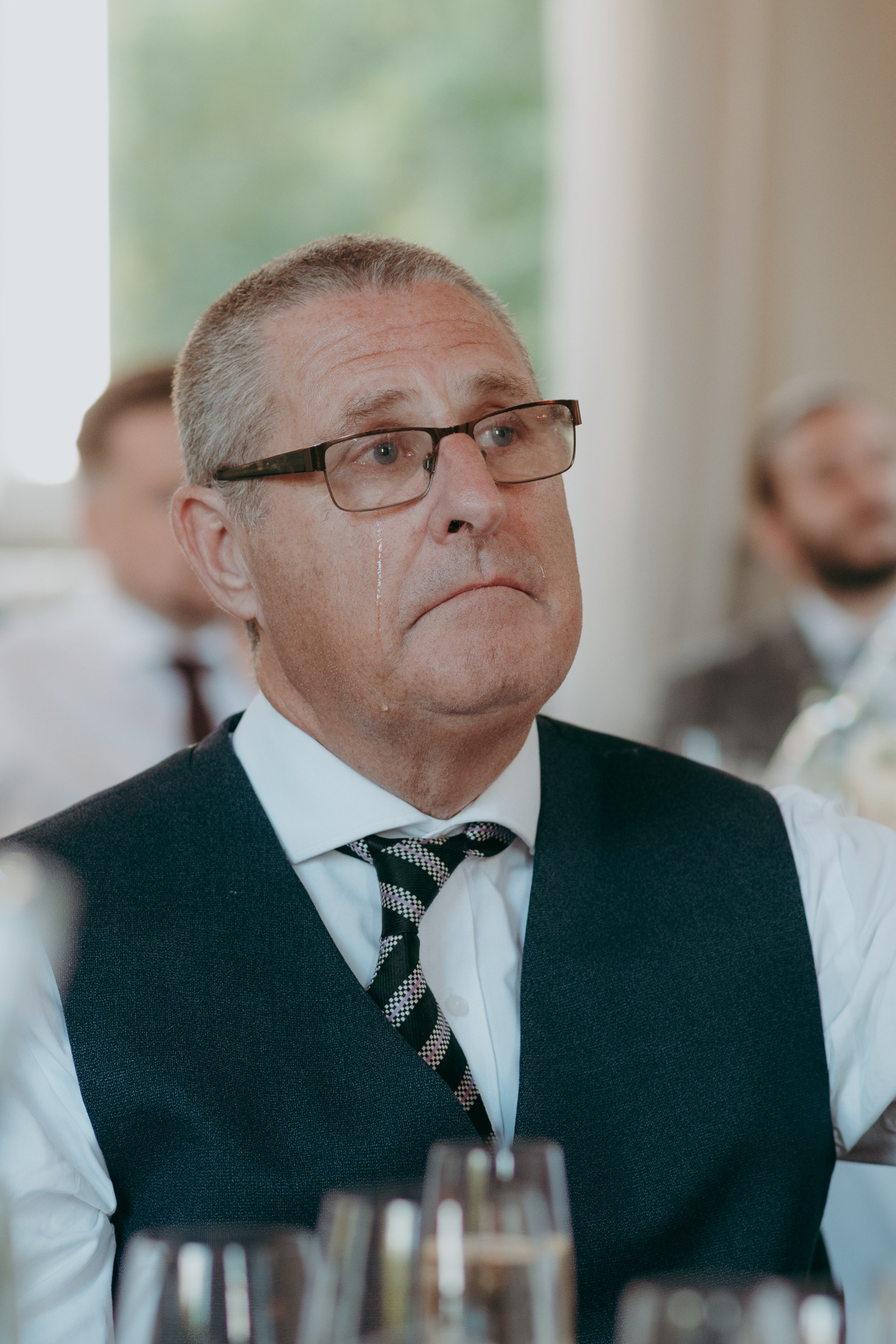 Father crying during speeches at wedding at Morden Hall Park