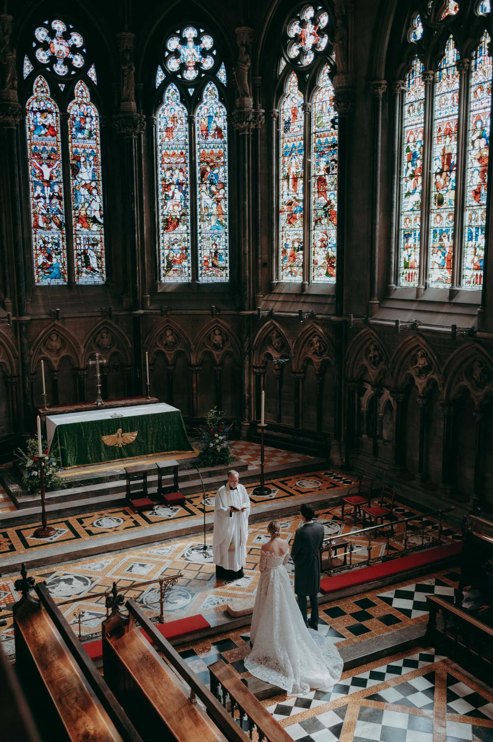 A wedding ceremony taking place in St John's College Chapel in Cambridge